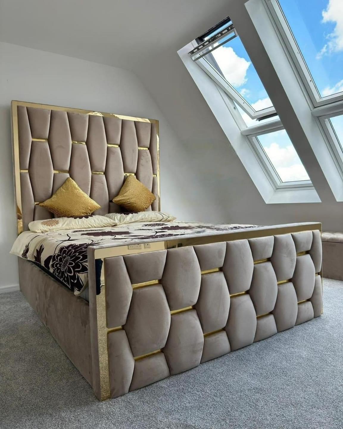 High Headboard Luxury Panel Bed Plush Velvet Double & King Size