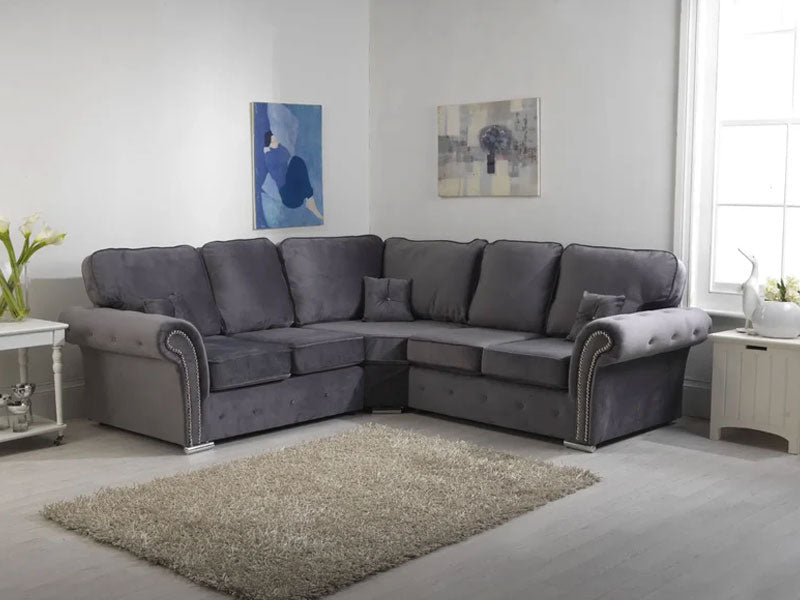 Olympia Large Corner Dark Grey Sofa Set - 3 & 2 Seater Plush Velvet Sofa Fabric