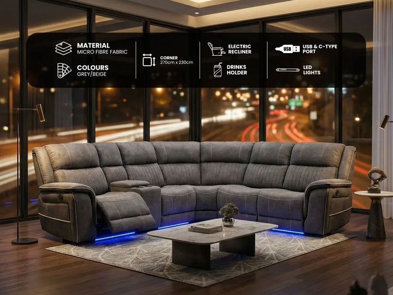 Hanna Electric Recliner Corner Sofa – Soft Grey Micro Fabric – LED Lights & USB Ports