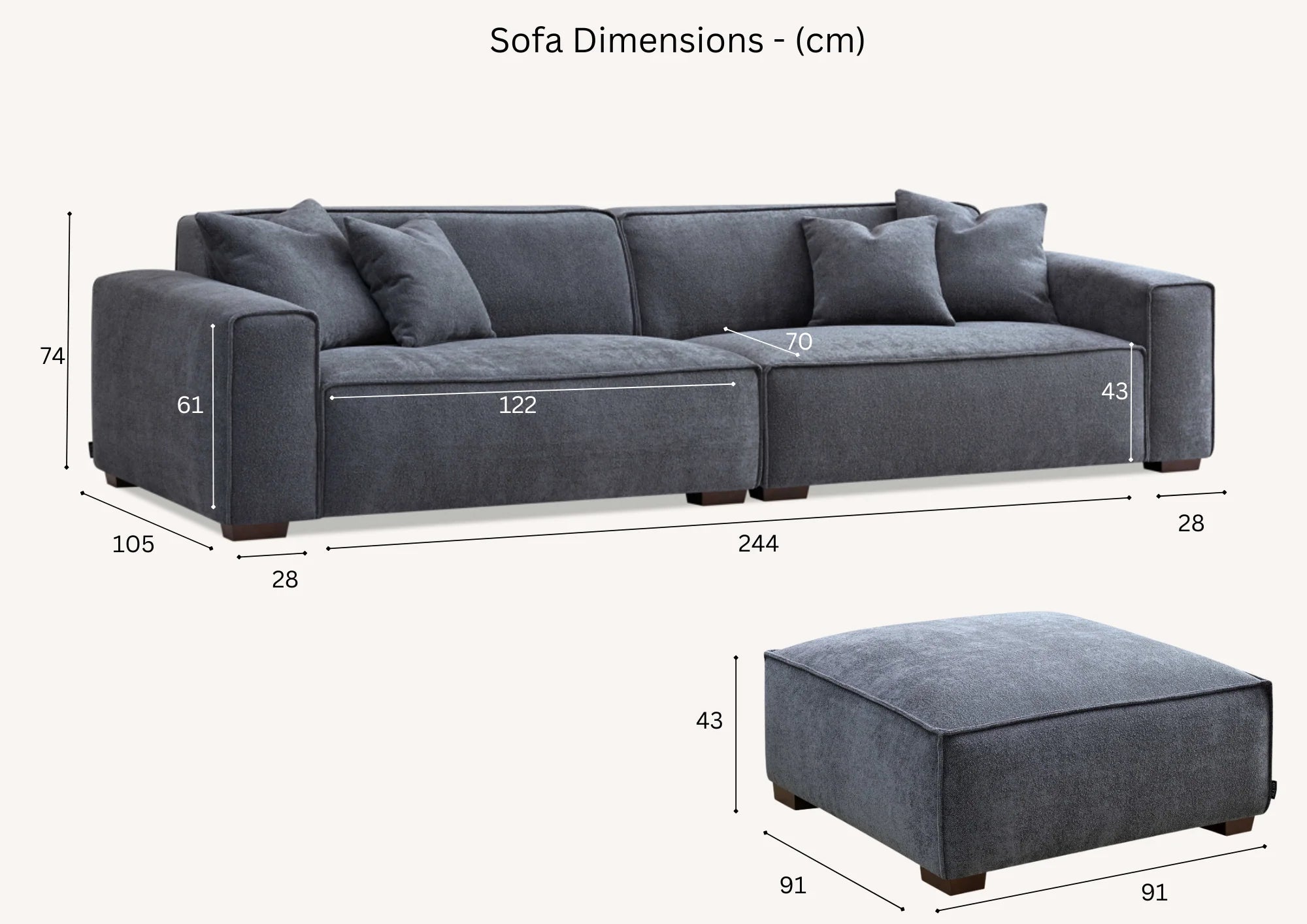 MNS Aluxo Dakota 3 Seater Sofa – Pebble Grey Boucle, Feather-Filled - Armchair, Footstool
