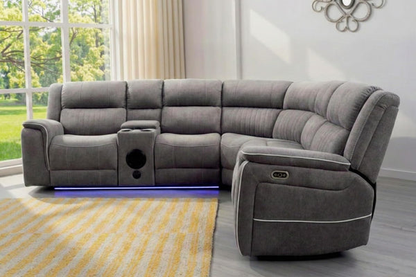 MNS Hannah Fabric Electric Recliner Sofa Set (3+2 Seater) & Corner Sofa with Cup Holders, LED Lights, Bluetooth Speakers, Wireless Charging Pad & USB/Type-C Charging Ports (Grey)