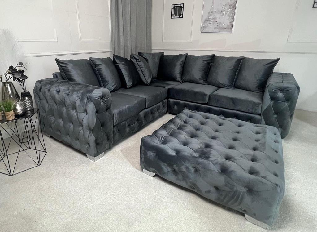 Ashton Chesterfield Scatter Back Corner Sofa Grey Plush Velvet