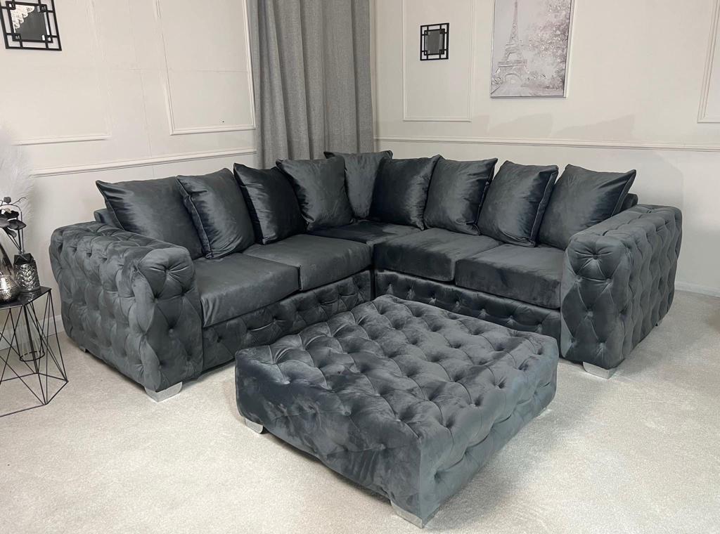 Ashton Chesterfield Scatter Back Corner Sofa Grey Plush Velvet