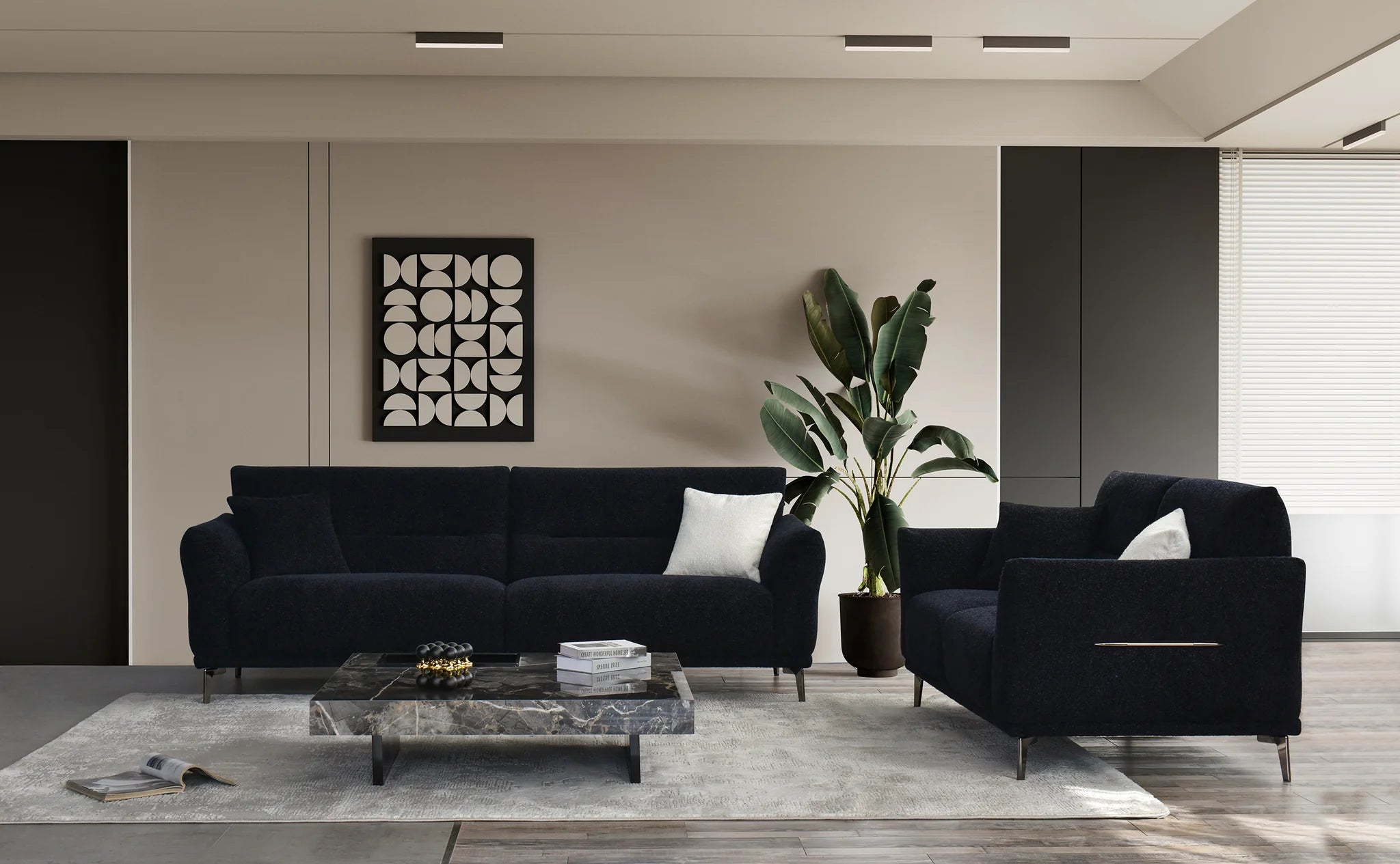 MNS Aluxo Albany Range Sofa in Midnight Black Lux Boucle Fabric - Deep Cushion Comfort