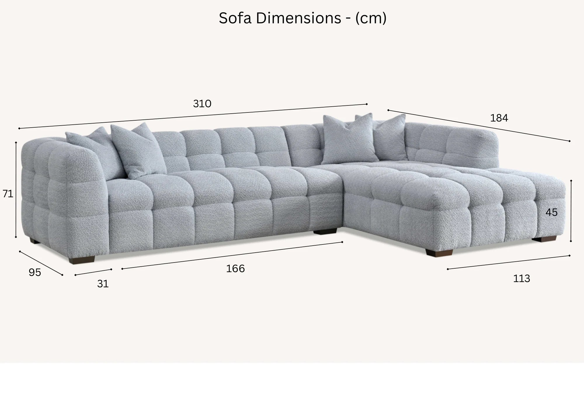MNS Aluxo Tribeca Corner Sofa in Iron Boucle Fabric With Matching Footstool