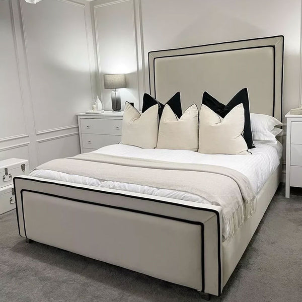 Luxury Piping Beige Plush Bed Frame With/Without Ottoman Storage - 54 " Headboard