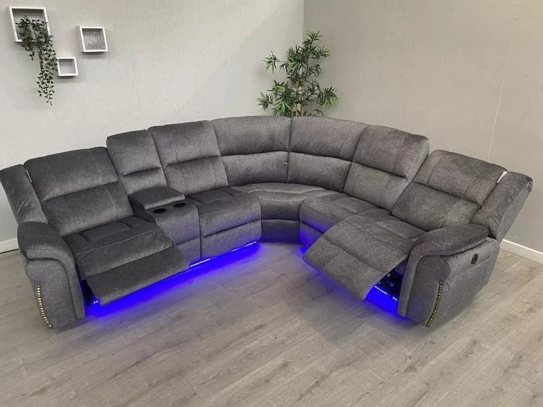 MNS Berlin Microfibre Fabric Electric Recliners Corner Sofa- USB/ Blue LED Strip