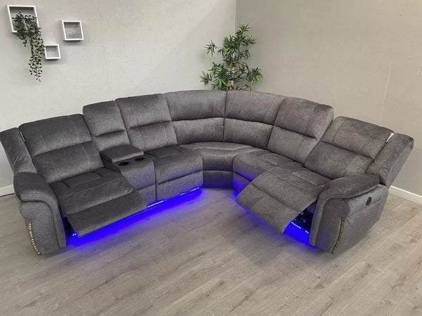 MNS Berlin Microfibre Fabric Electric Recliners Corner Sofa- USB/ Blue LED Strip