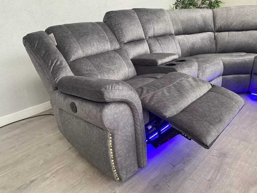 MNS Berlin Microfibre Fabric Electric Recliners Corner Sofa- USB/ Blue LED Strip
