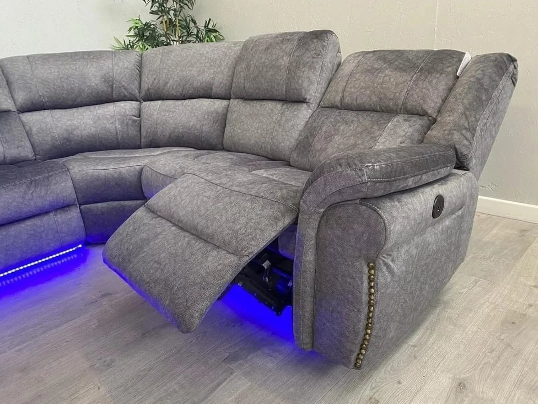 MNS Berlin Microfibre Fabric Electric Recliners Corner Sofa- USB/ Blue LED Strip