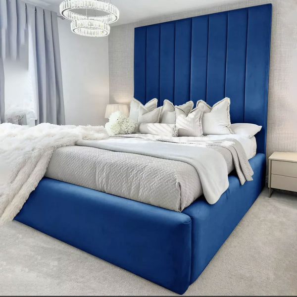 Luxury High Panel Empire Beds With Ottoman Gas Lift Storage - Tall Headboard - Blue