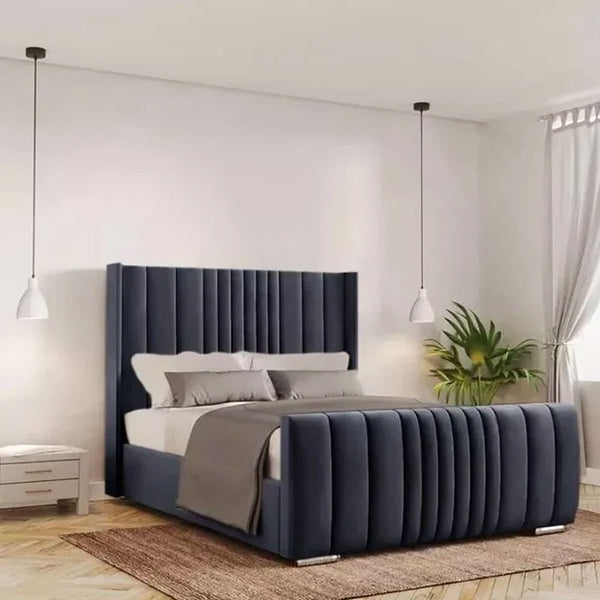 Manhattan Wing Back Panel Plush Velvet Upholstered Bed Frame With Lines - Blue