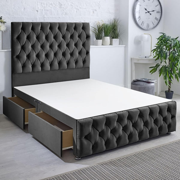 Elegant Bed Frame With Storage - Divan Chester Bed Base With 2 Drawers (Black Plush)
