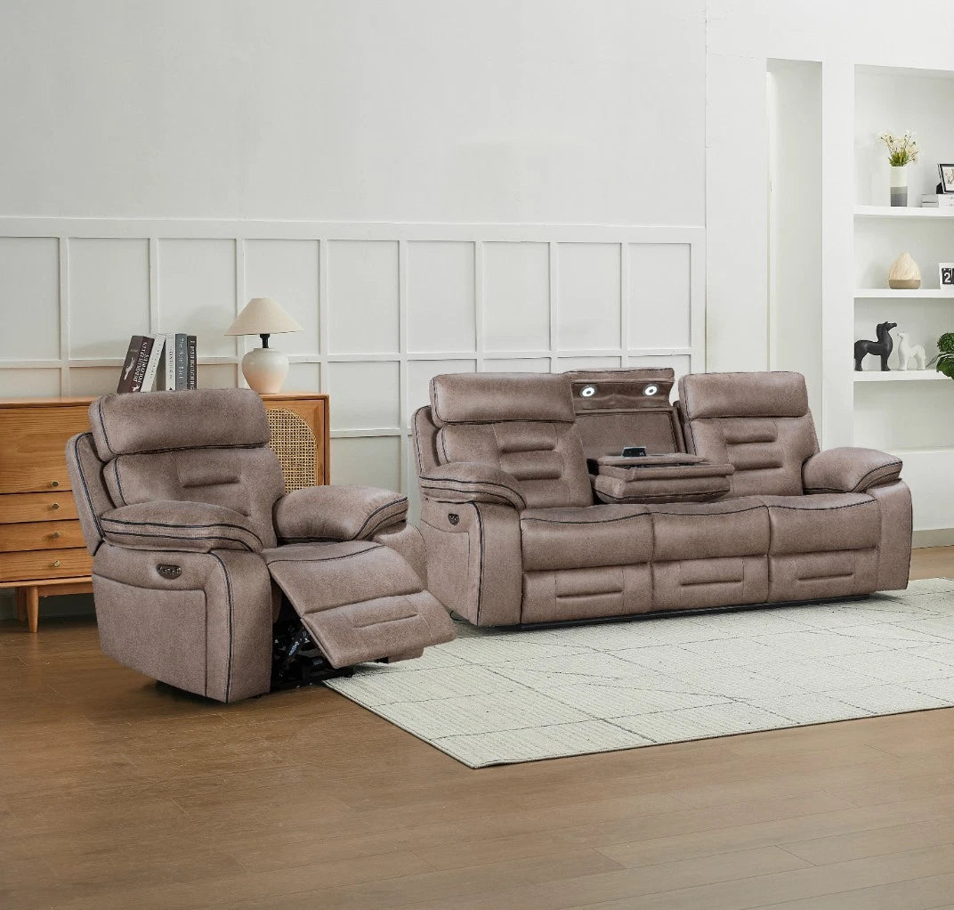 MNS Chelsea Electric Recliner Sofa Brown, Fabric, USB Ports, Hot &C Cupholder