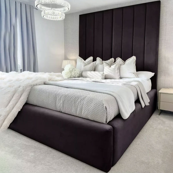 Luxury High Panel Empire Beds With Ottoman Gas Lift Storage - Tall Headboard - Black