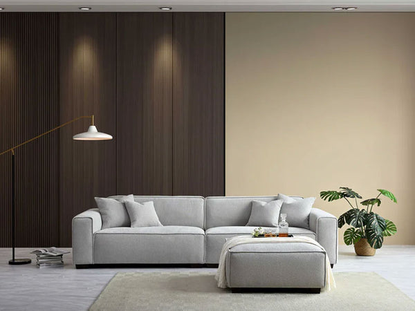 MNS Aluxo Dakota 3 Seater Sofa – Pebble Grey Boucle, Feather-Filled - Armchair, Footstool