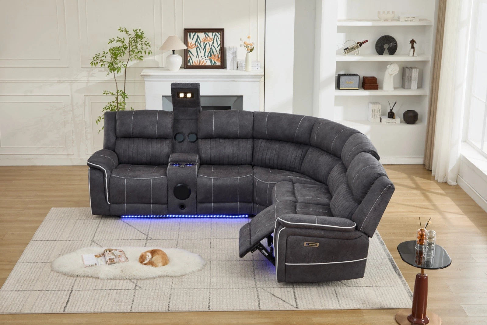 MNS Geneva Pro Electric Recliner Corner Fabric Sofa Grey, LED, Wireles charging
