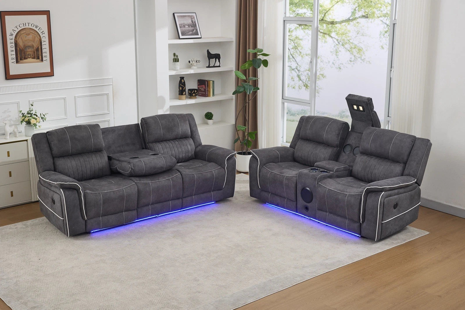 Geneva Pro Electric Recliner Corner Fabric Sofa Dark Grey, LED, Wireles charging