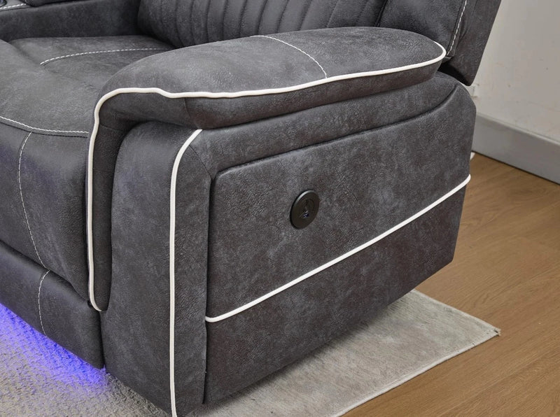 Geneva Pro Electric Recliner Fabric Sofa Dark Grey, LED, Wireles Charging
