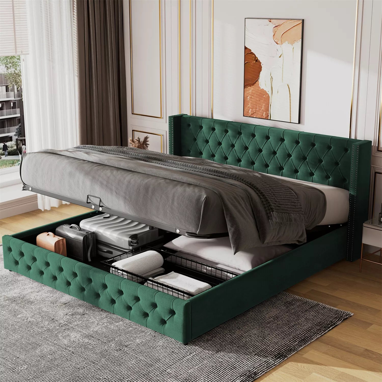 Ottoman Bed Gas Lift Storage Bed 4ft6 Double Bed Frame Velvet Upholstered Green