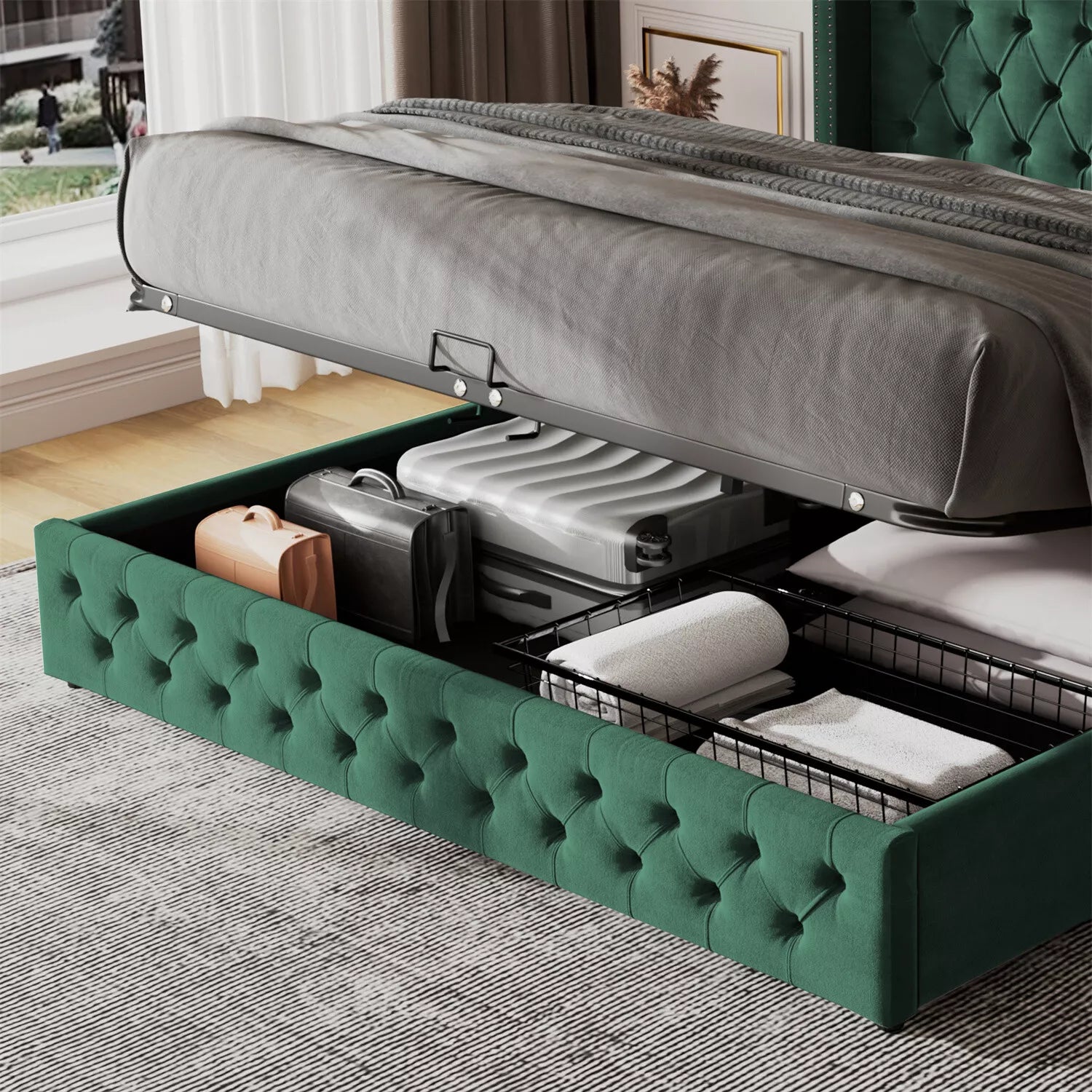 Ottoman Bed Gas Lift Storage Bed 4ft6 Double Bed Frame Velvet Upholstered Green