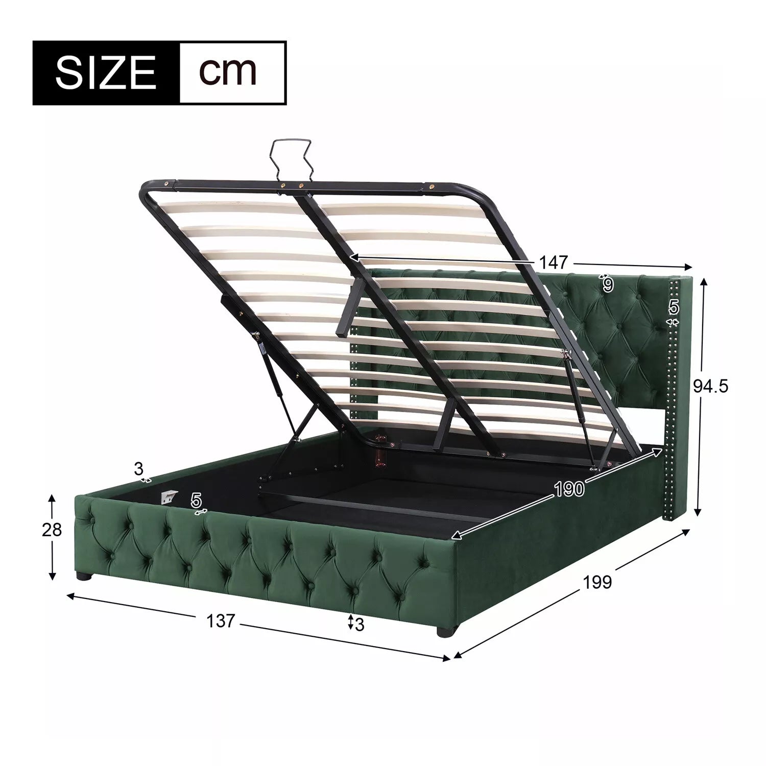 Ottoman Bed Gas Lift Storage Bed 4ft6 Double Bed Frame Velvet Upholstered Green