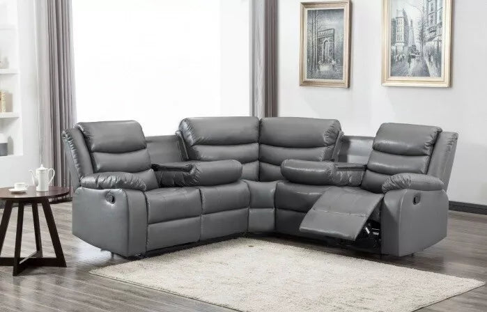 Modern Brown, Grey or Black Leather Corner Recliner Sofa Cup Holders