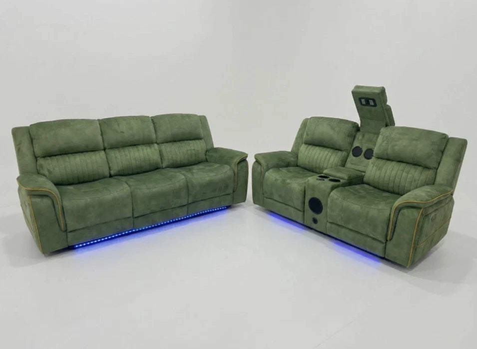 MNS Geneva Pro Fabric Electric Recliner Sofa 3+2 Set,Bluetooth,USB,Cooling-Cupholder