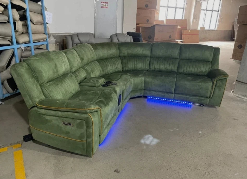 MNS Geneva Fabric Electric Recliner Corner Sofa,Bluetooth,USB Led,Cooling Cup holder