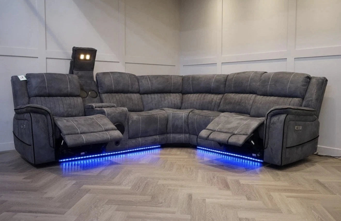 MNS Geneva Pro Fabric Electric Recliner Corner Sofa,Bluetooth USB, LED, Cupholder