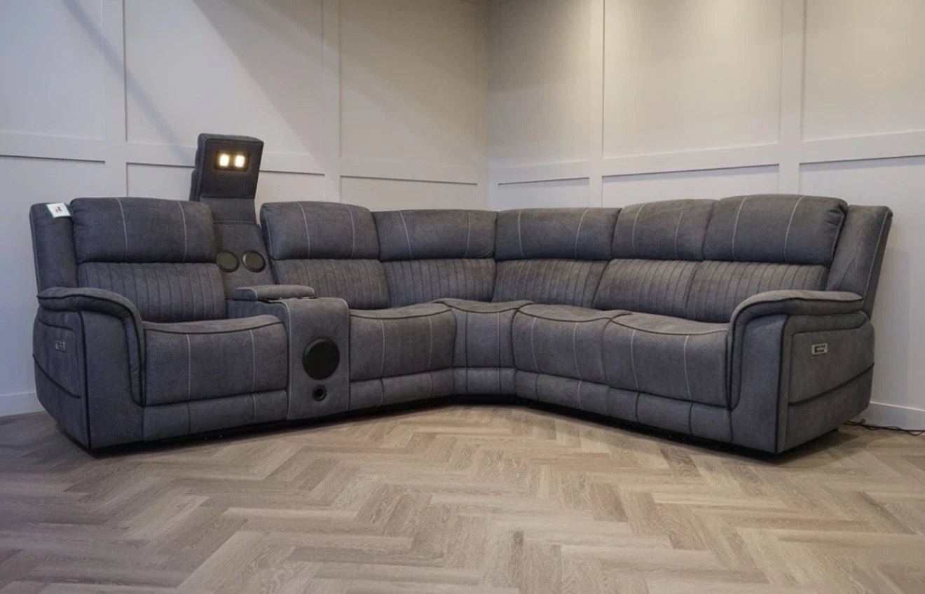 MNS Geneva Pro Fabric Electric Recliner Corner Sofa,Bluetooth USB, LED, Cupholder