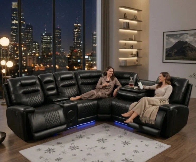 MNS Halifax Music Leather Electric Recliner Corner Sofa - Black, Grey or Brown