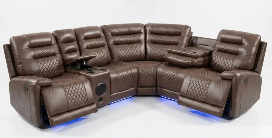 MNS Halifax Music Leather Electric Recliner Corner Sofa - Black, Grey or Brown
