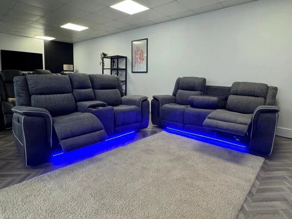 Hannah Electric Recliner Set Grey Microfiber Fabric, 3+2 Sofa with Cupholders