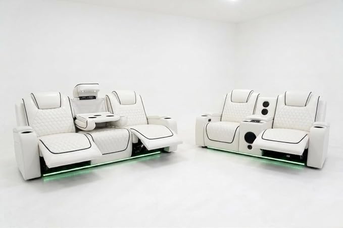 MNS Malaga Leather Electric Recliner Sofa Set With Cupholders – 3+2 Seater Sofa Set – LED Lights – Bluetooth Speakers – USB and Type-C charging ports - Wireless Charging (Cream)