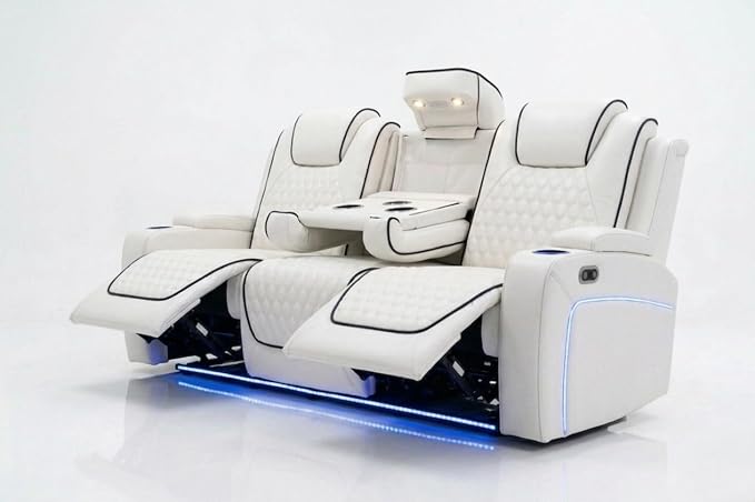 MNS Malaga Leather Electric Recliner Sofa Set With Cupholders – 3+2 Seater Sofa Set – LED Lights – Bluetooth Speakers – USB and Type-C charging ports - Wireless Charging (Cream)