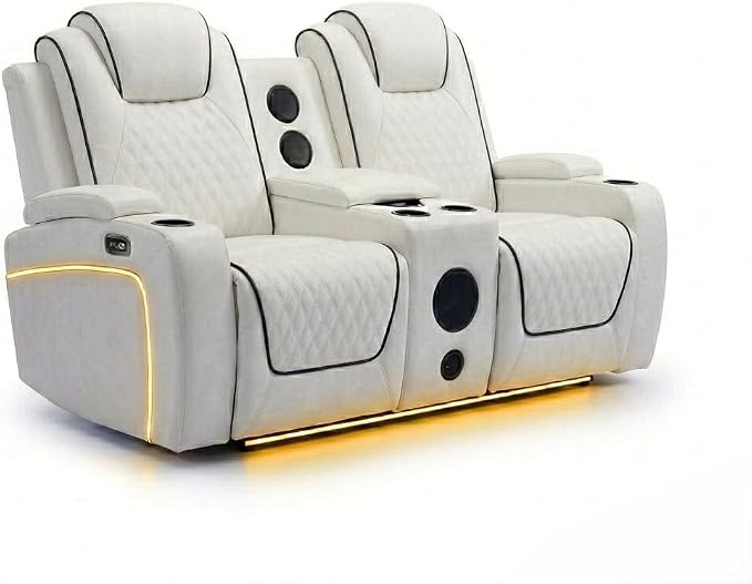 MNS Malaga Leather Electric Recliner Sofa Set With Cupholders – 3+2 Seater Sofa Set – LED Lights – Bluetooth Speakers – USB and Type-C charging ports - Wireless Charging (Cream)