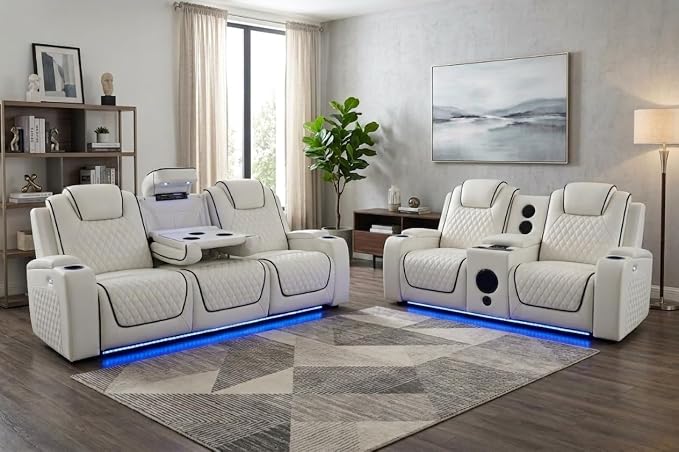 MNS Malaga Leather Electric Recliner Sofa Set With Cupholders – 3+2 Seater Sofa Set – LED Lights – Bluetooth Speakers – USB and Type-C charging ports - Wireless Charging (Cream)