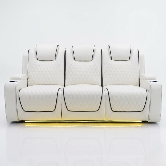 MNS Malaga Leather Electric Recliner Sofa Set With Cupholders – 3+2 Seater Sofa Set – LED Lights – Bluetooth Speakers – USB and Type-C charging ports - Wireless Charging (Cream)