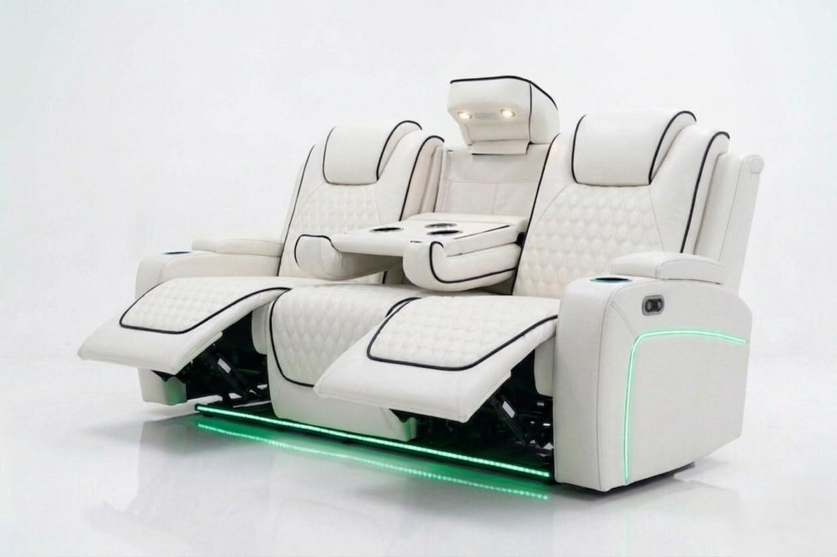 MNS Malaga Leather Electric Recliner Sofa Set With Cupholders – 3+2 Seater Sofa Set – LED Lights – Bluetooth Speakers – USB and Type-C charging ports - Wireless Charging (Cream)