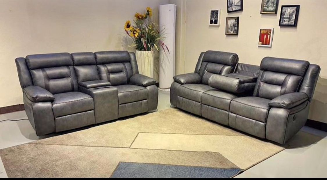 Electric Recliner 3+2 seater Sofa In Elephant Grey - 3 and 2 seater - Leather Sofa