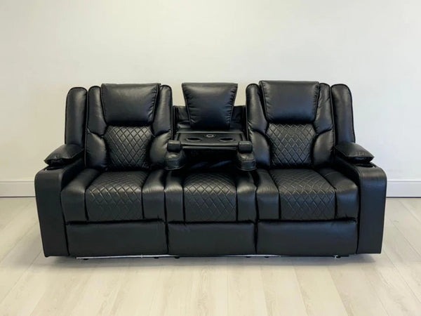 MNS Electric Recliner Orlando 3+2 Sofa Set in Black Aire Leather USB Cup Holder LED