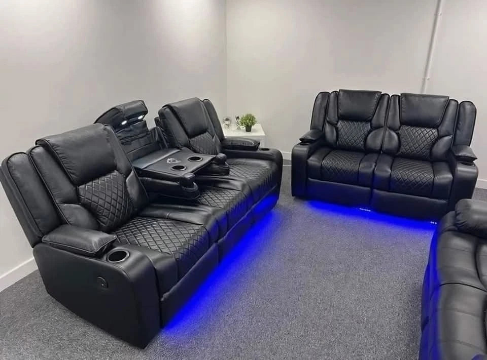 MNS Electric Recliner Orlando 3+2 Sofa Set in Black Aire Leather | USB | Cup Holder