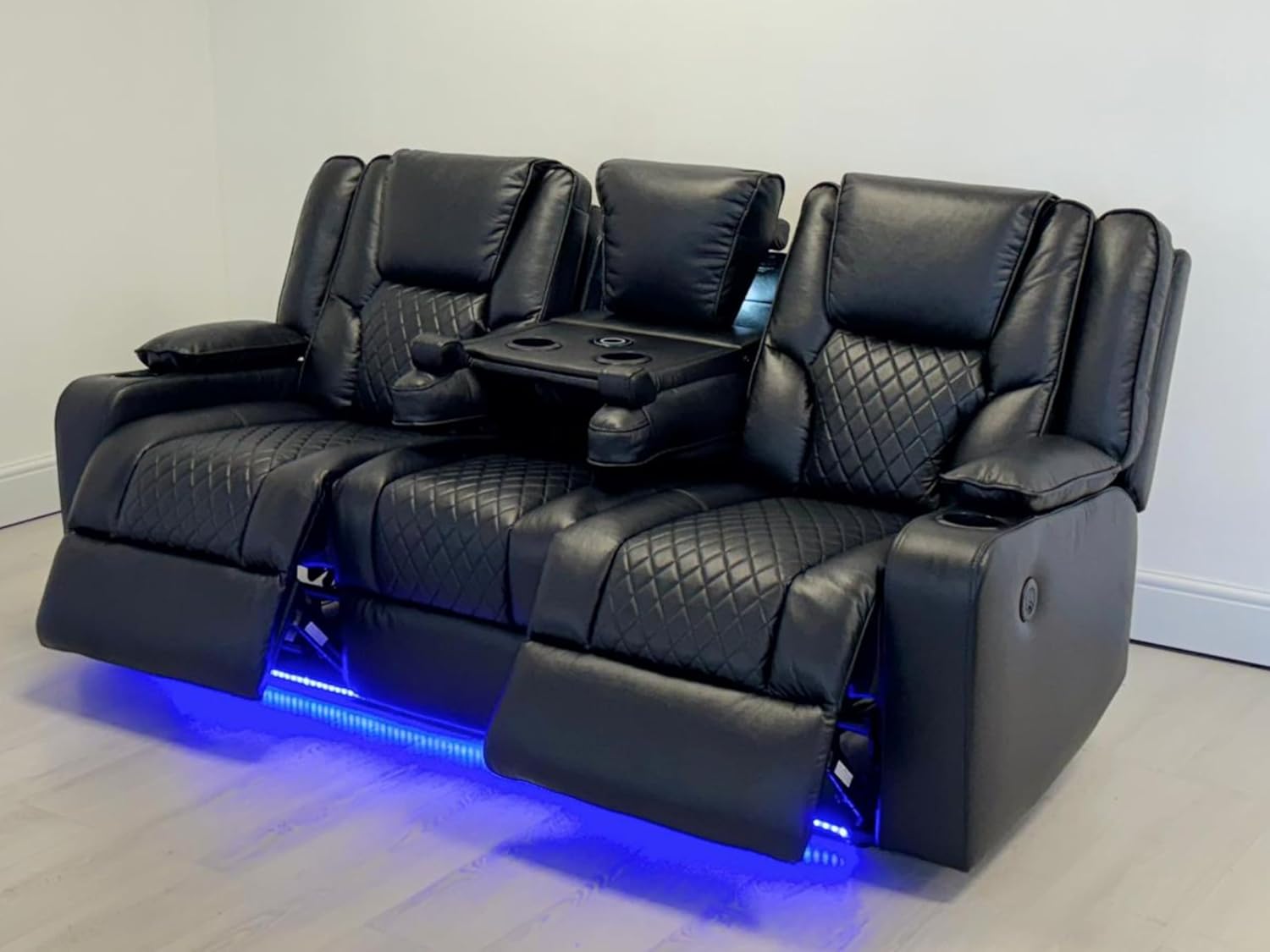 Orlando Electric Recliner/LED Blue Lights/Wirless Phone Charger Extra Charging Ports 3 Seater Black