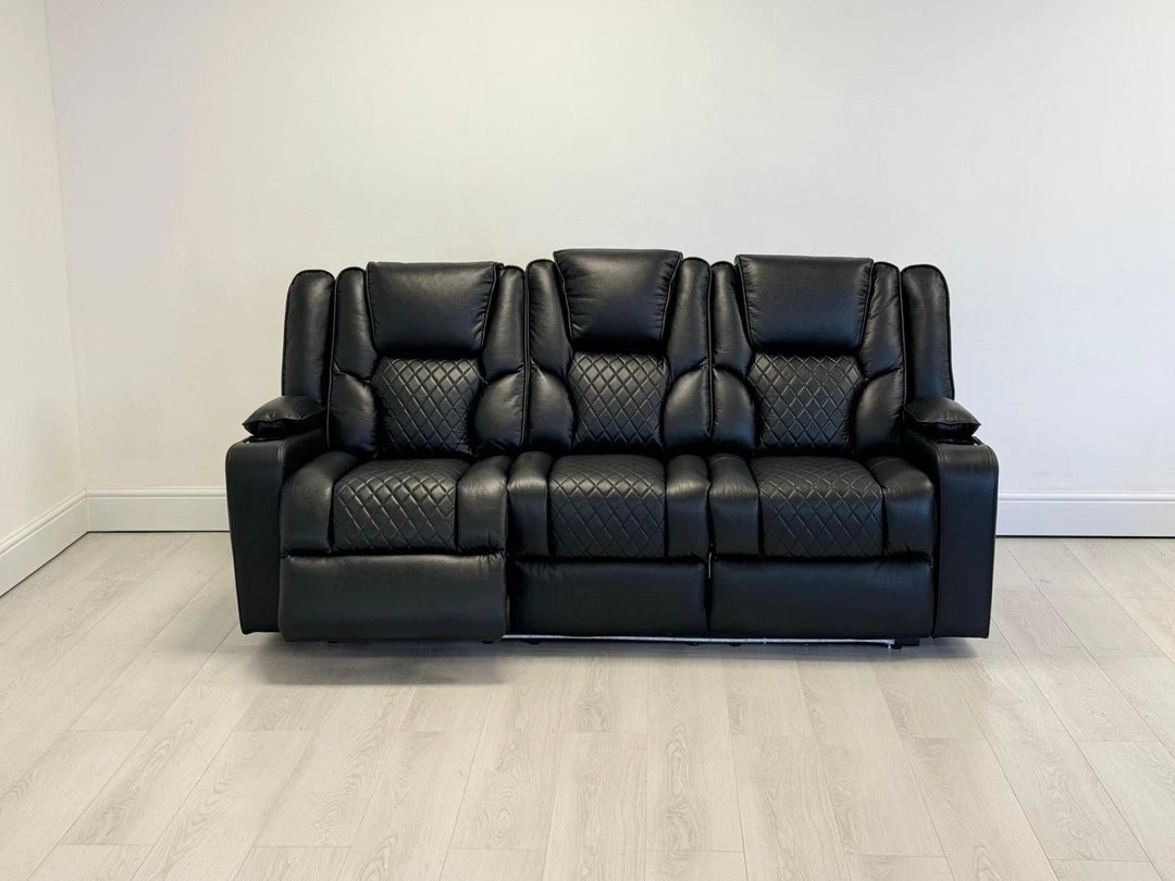 MNS Electric Recliner Orlando 3+2 Sofa Set in Black Aire Leather USB Cup Holder LED