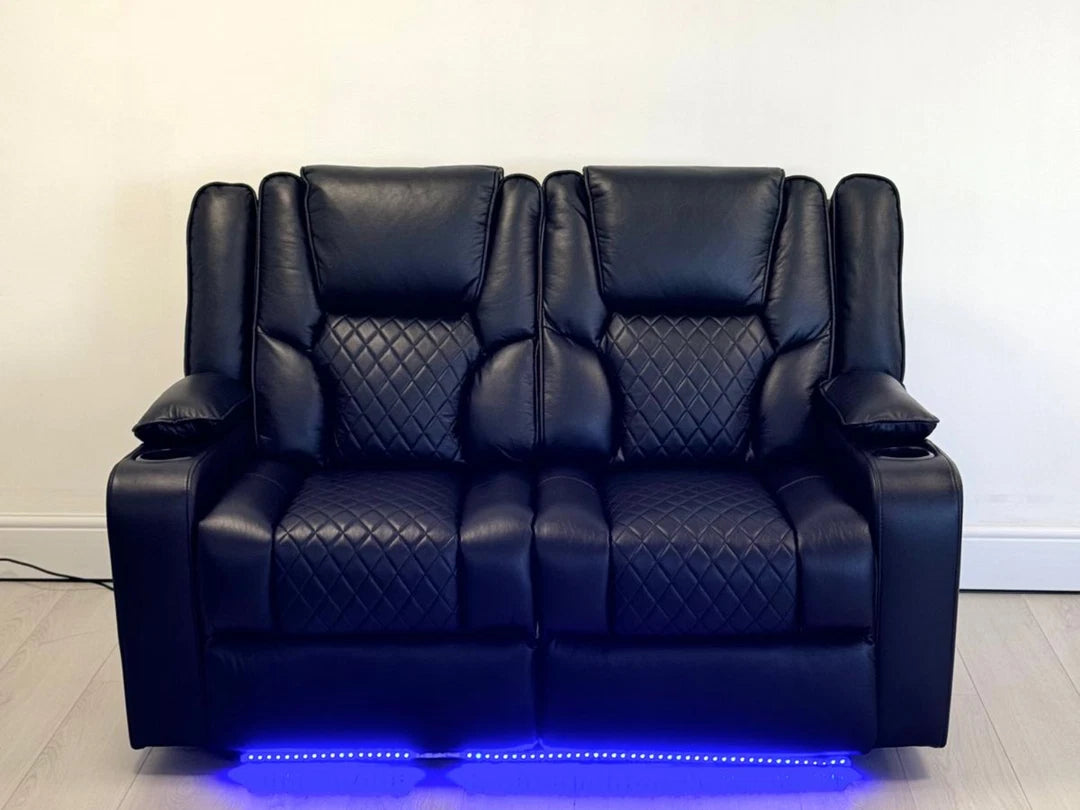 MNS Electric Recliner Orlando 3+2 Sofa Set in Black Aire Leather USB Cup Holder LED