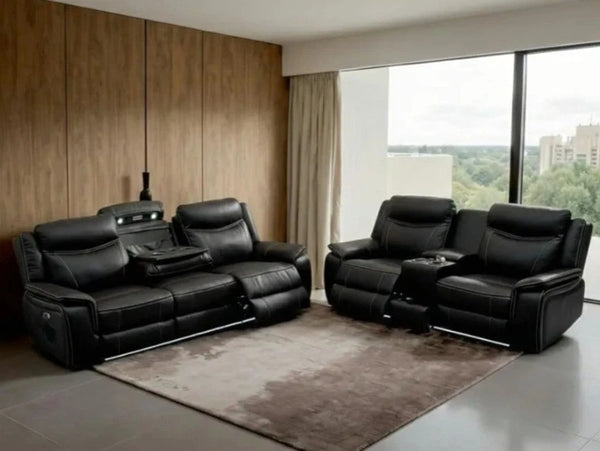 MNS Parada 3 + 2 Black Leather Electric Recliner Sofa Set , USB, LED, Bluetooth