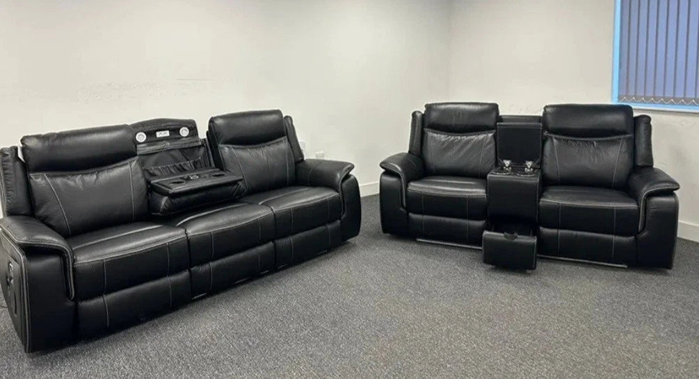 MNS Parada 3 + 2 Black Leather Electric Recliner Sofa Set , USB, LED, Bluetooth