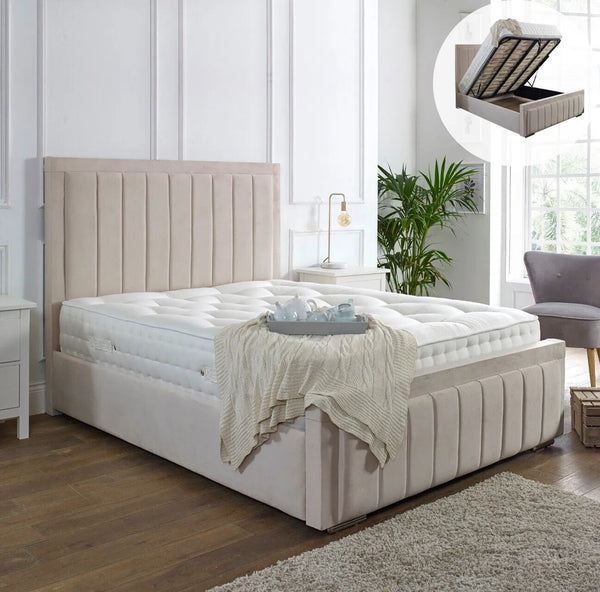 Milan Bed With Mattress and 54" Headboard - Beige Plush Velvet