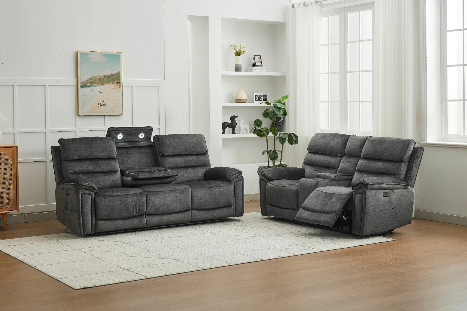 MNS Fabric Electric Recliner Sofa 3+2 seater, CupHolder, USB Charging, lights